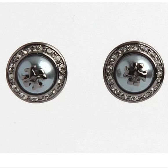 NWOT  Tory Burch Gun Metal Zircon Stud Earrings - Picture 2 of 5